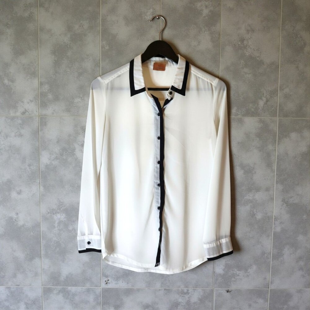 Kashieca White Sheer Button Down Blouse Black Contrast Trim XS Preppy Office